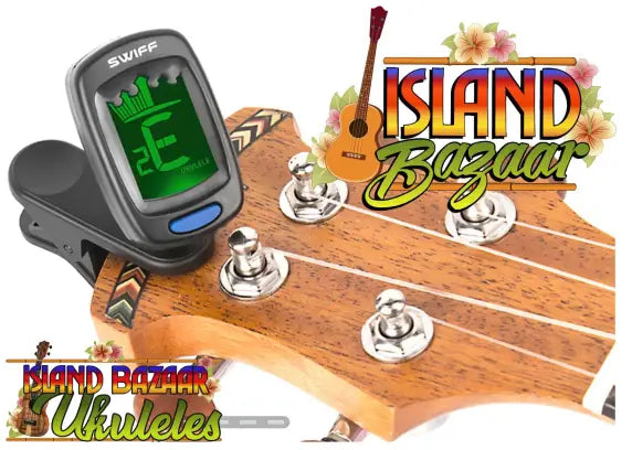 Guitar headstock with SWIFF Clip-On Ukulele Tuner from Island Bazaar Ukes visible
