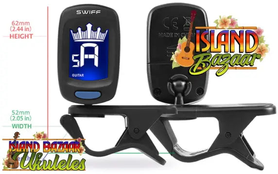 Black Clip-On Ukulele Tuner from SWIFF with blue LCD display at Island Bazaar Ukes
