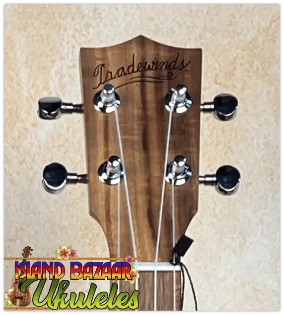 Guitar headstock with Tradewinds branding on Concert Acacia Ukulele Beginners Bundle
