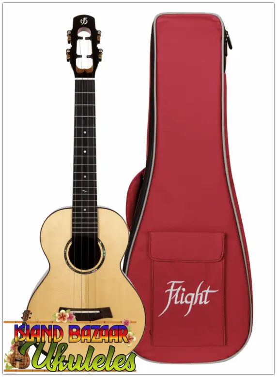 Natural wood acoustic guitar with red Flight case for Voyager Tenor electro-acoustic ukulele
