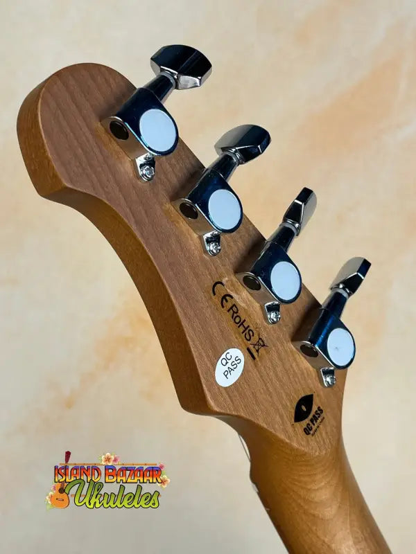 Guitar headstock with chrome tuning pegs on Flight Pathfinder Tenor Electric Ukulele
