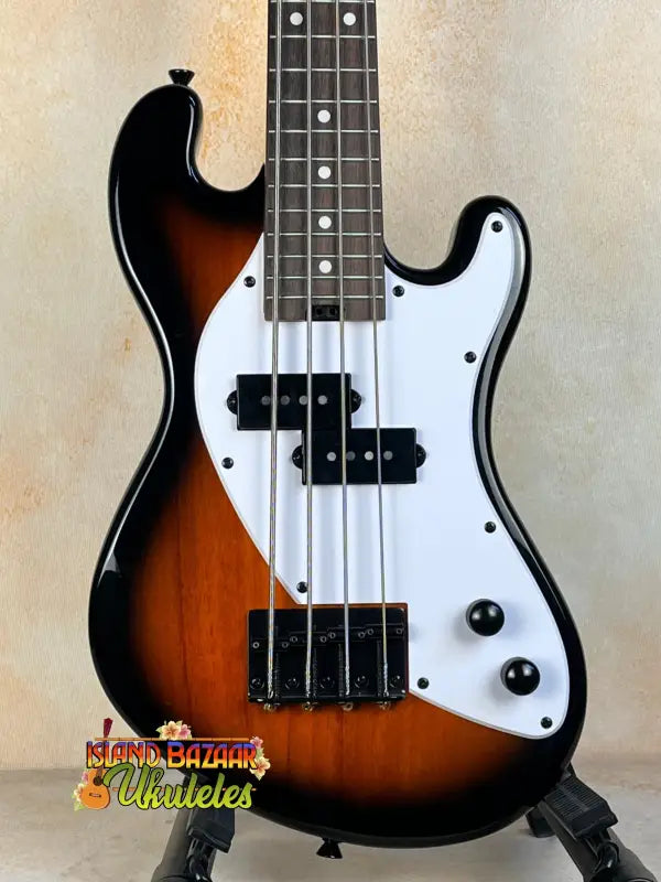 Sunburst Precision Bass guitar with white pickguard and black hardware for Kala Solid Body 4-String Tobacco Burst Fretted U•BASS® Ukulele