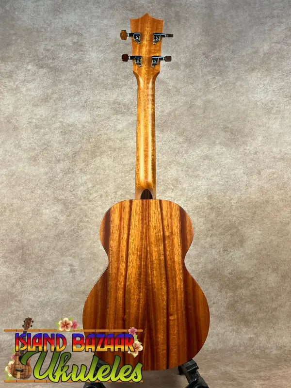 Wooden ukulele back of Kamaka HF-3 Tenor Ukulele showcasing Hawaiian Koa tone