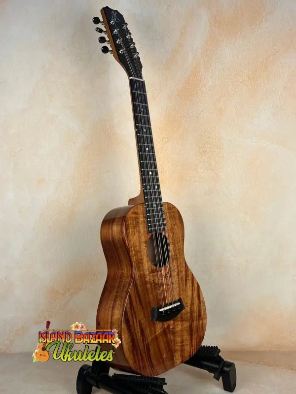 Beautiful Koa Wood Kanile’a Eight String Tenor Ukulele with dark fretboard and tuning pegs