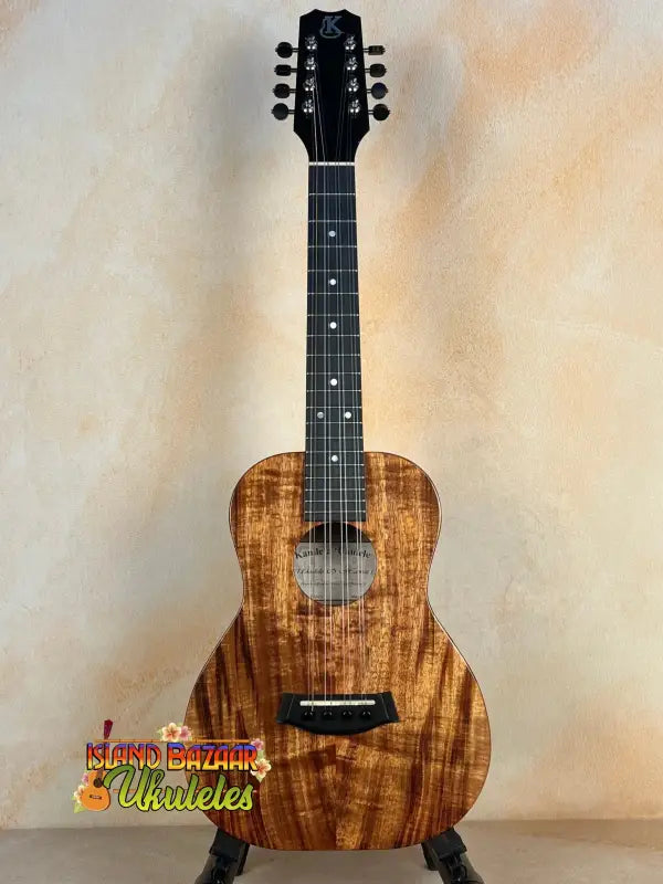 Beautiful Koa Wood Kanile’a Eight String Tenor Ukulele with dark fretboard and tuning pegs