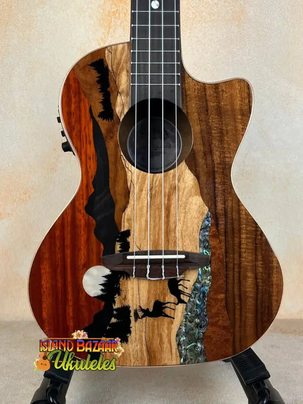 Luna Vista Deer Tenor Electric Ukulele with mountain inlay and turquoise accents