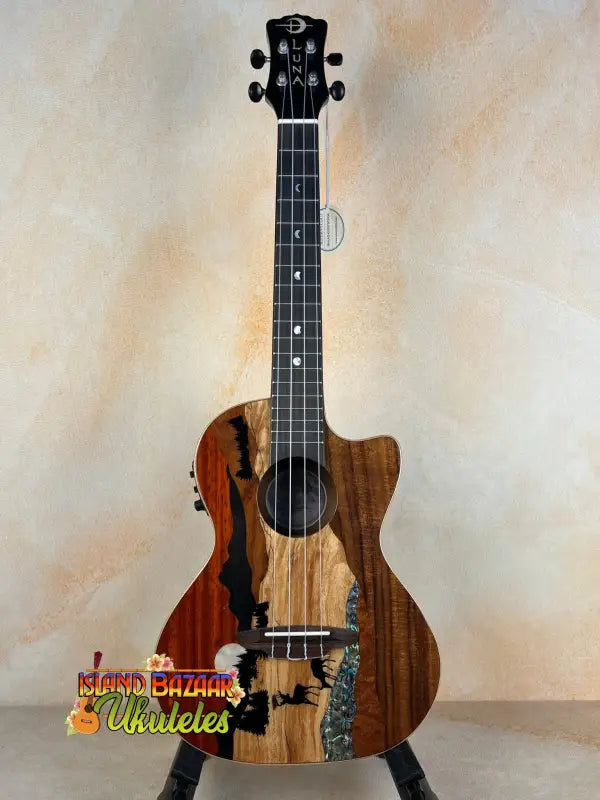 Wooden ukulele with lighthouse inlay from Luna Vista Deer Tenor Electric series