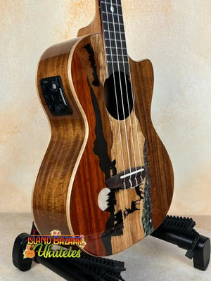 Luna Vista Deer Tenor Electric Ukulele with mountain landscape inlay design