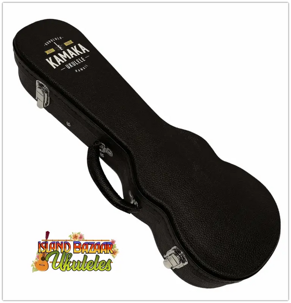 Black hardshell guitar case with metal latches for Kamaka HF-2 Solid Koa Ukulele