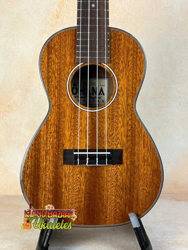 Ohana CK-35G Solid Mahogany Concert Ukulele showcasing beautiful wood grain patterns