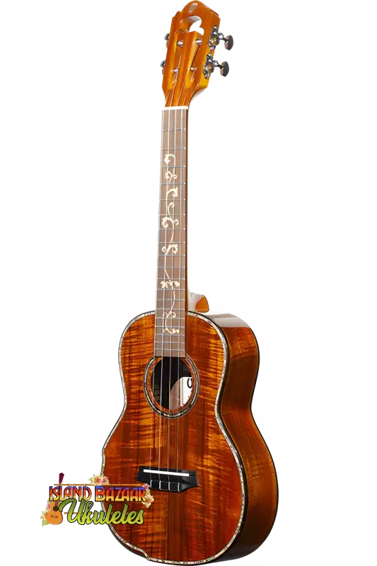 Ornate brown ukulele from Ohana Limited Edition 575G Series Koa Tenor Ukulele Bundle