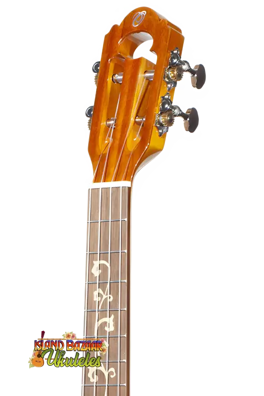 Ornate wooden headstock and fretboard of Ohana Limited Edition 575G Series Koa Ukulele