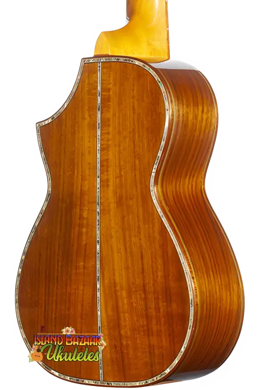 Ornate wooden back of Ohana Limited Edition Acacia 7-Series Tenor Ukulele