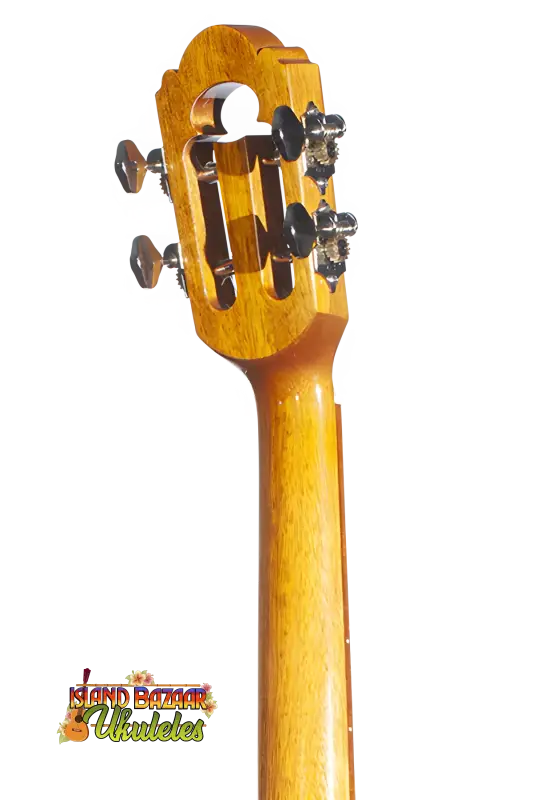 Wooden guitar headstock and neck of Ohana Limited Edition Acacia 7-Series Tenor Ukulele
