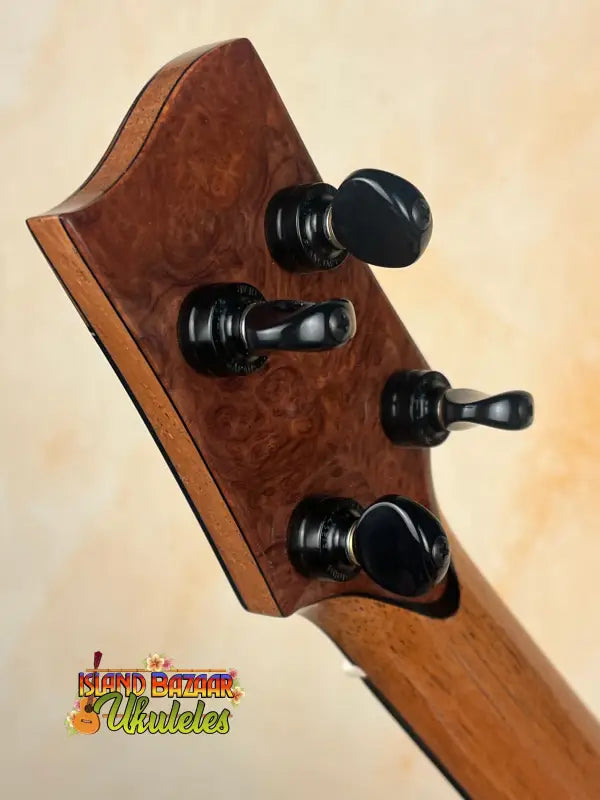 Ukulele headstock with tuning pegs on Phil Henderson PCH Sunshine Tenor Ukulele in solid Hawaiian koa