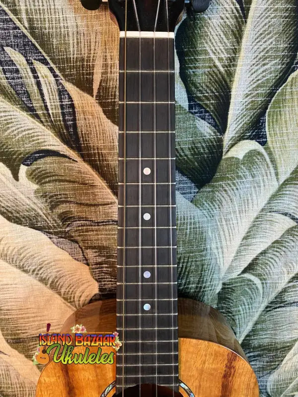 Romero Creations Concert Ukulele with wooden body against tropical leaf background