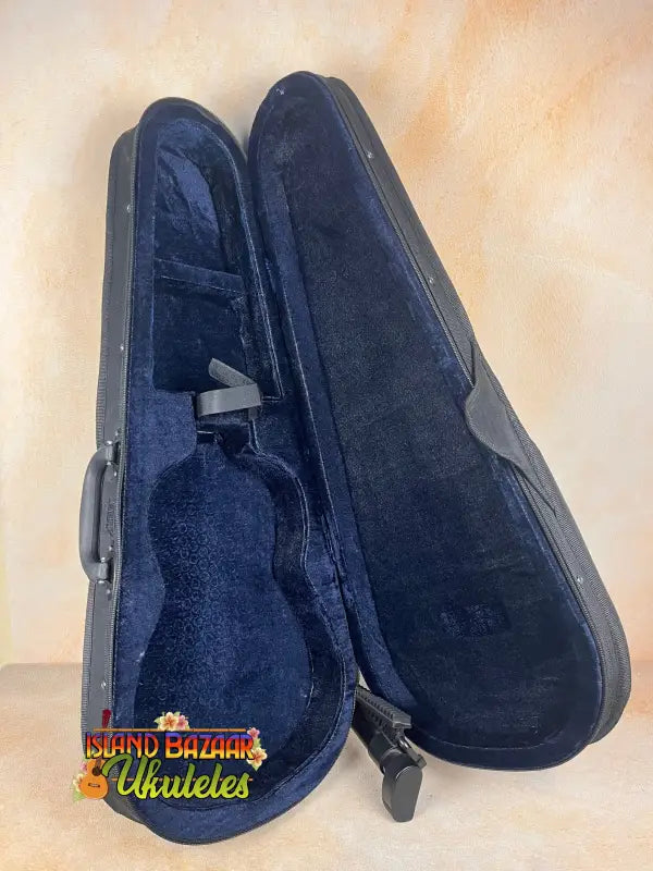 Open black violin case for Tradewinds Resonator Concert Ukulele at $495
