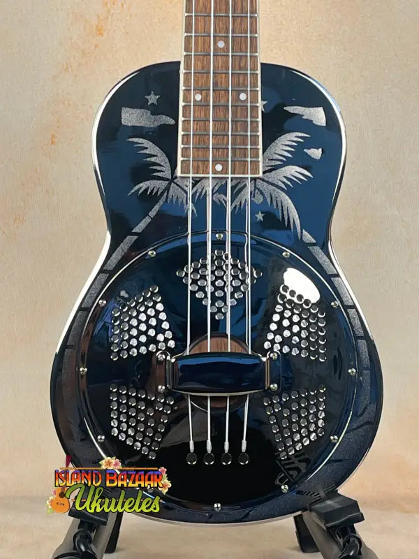 Black resonator concert ukulele with palm tree design from Tradewinds Resonator Concert collection