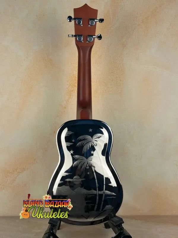 Blue Tradewinds Resonator Concert Ukulele with Palm Tree Design and Case