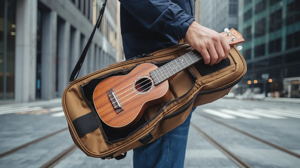 a-photo-of-a-man-holding-a-ukuleleTraveler carrying a concert ukulele in a padded gig bag through downtown – best ukuleles for all players on the go