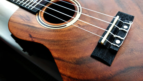 close-up of solid wood ukulele with elegant rosette and soft sunlight – handcrafted premium ukulele details