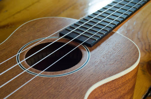 High-resolution image of mahogany ukulele body and fretboard – Island Bazaar Ukes fine tonewoods and playability