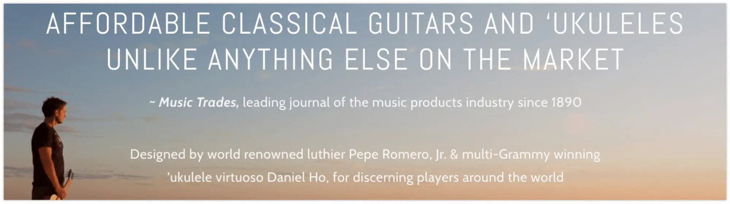 Advertisement banner for Romero Creations Ukuleles featuring spalted mango instruments.
