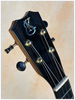 Black guitar headstock with tuning pegs on Kanilea KPA Curly Koa Tenor Ukulele.