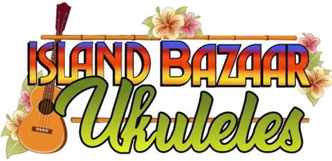 Colorful Island Bazaar Ukuleles logo with tropical flowers and Baggs Five Ukulele Pickup.