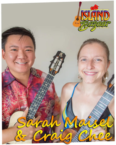 Promotional photo of Aldrine Guerrero and Herb Ohta with ukuleles for Island Bazaar.