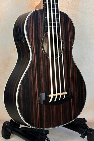 Dark striped wood Aiersi BU-33 fretless bass ukulele with ebony body and four strings