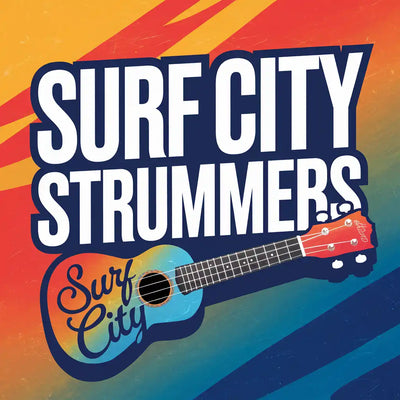 Blue ukulele with ’Surf City’ text on its body against bold ’SURF CITY STRUMMERS’ lettering.