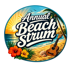 Circular logo for the annual beach strum event, featuring a tropical beach scene with palm trees and hibiscus flowers.