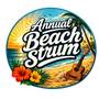 Circular logo for the annual beach strum event, featuring a tropical beach scene with palm trees and hibiscus flowers.