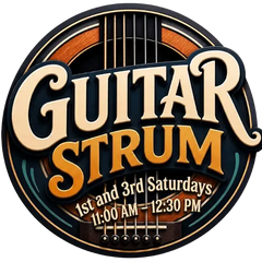 Circular logo for ’guitar strum’ event featuring stylized guitar strings and wood grain details in warm brown tones with cream-colored lettering.
