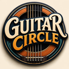 Circular logo featuring the words ’guitar circle’ in stylized cream and orange lettering, set against a backdrop of an acoustic guitar’s body with wood grain details.