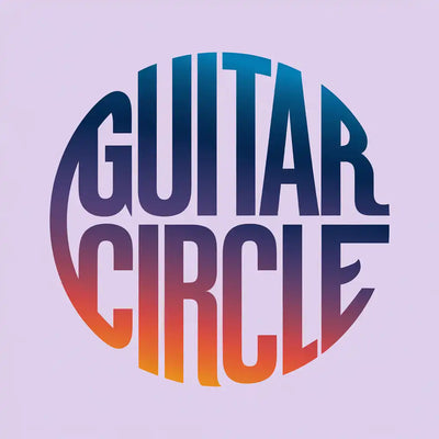 Circular text logo spelling out ’GUITAR CIRCLE’ in gradient colors from blue to orange.