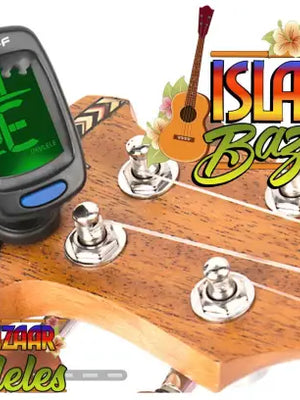 Guitar headstock with SWIFF Clip-On Ukulele Tuner from Island Bazaar Ukes visible