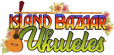 Colorful Island Bazaar Ukuleles logo with tropical flowers and a ukulele illustration.