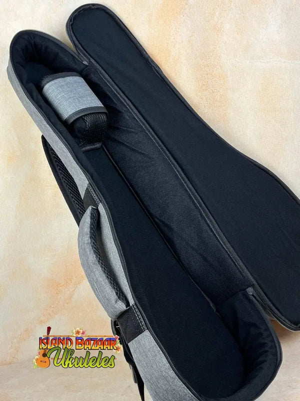 Black padded violin case with gray trim for Concert Mango Ukulele Beginners Bundle