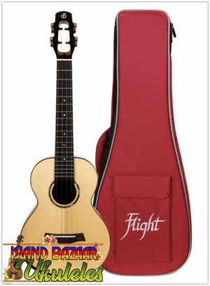 Natural wood acoustic travel guitar with red Flight carrying case for Flight Sophia Soundwave