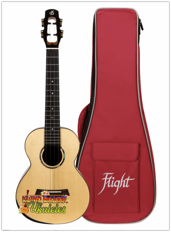 Natural wood acoustic travel guitar with red Flight carrying case for Flight Sophia Soundwave