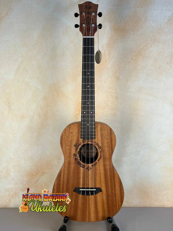 Wooden tenor ukulele with dark fretboard, featured in Flight Acoustic-Electric Baritone Uke