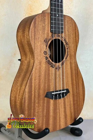 Wooden Flight Acoustic-Electric Baritone Uke with decorative rosette around soundhole