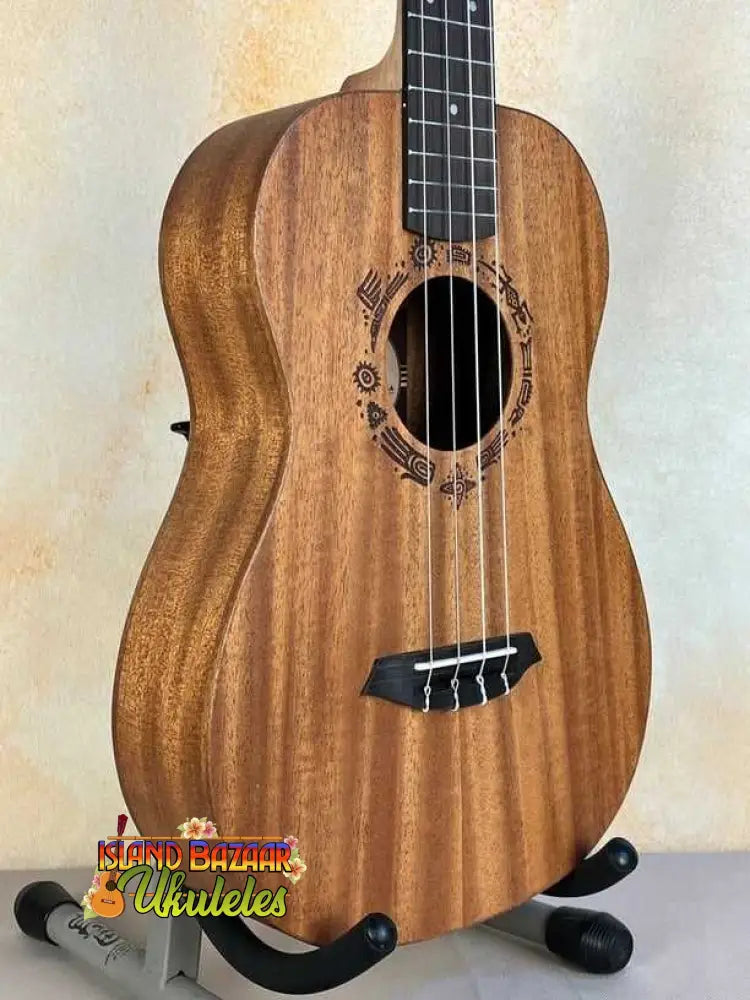 Wooden Flight Acoustic-Electric Baritone Uke with decorative rosette around soundhole