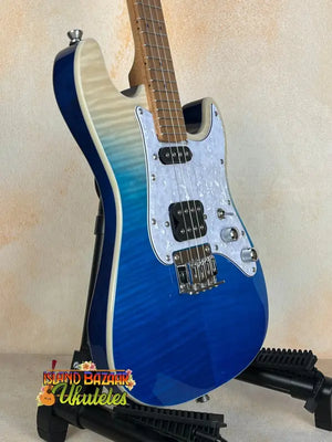 Blue and white Flight Pathfinder Tenor electric ukulele with chrome hardware