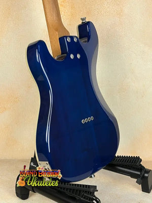 Glossy blue electric guitar on black stand, Flight Pathfinder Tenor Electric Ukulele