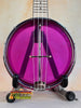 Bright pink Gold Tone Banjo Ukulele Little Gem Amethyst See-Through on display stand