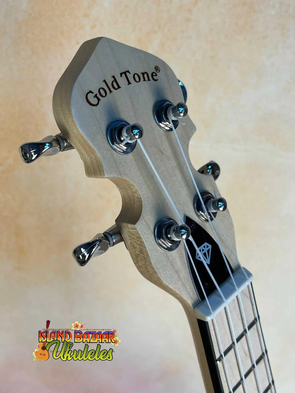 Gold Tone Banjo headstock with tuning pegs from the Gem Amethyst See-Through banjo uke