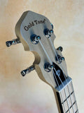 Headstock of Gold Tone Banjo with tuning pegs on Gem Amethyst See-Through Banjo Uke.